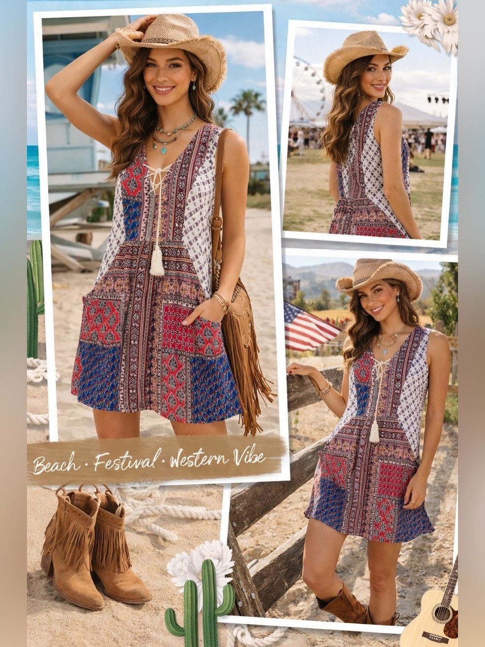Entro Multicolor Patchwork Tank Mini Sleeveless SunDress Western Indie Summer Md